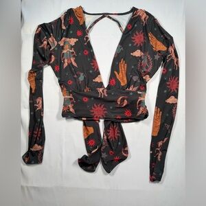 Urban Outfitters Black Wrap Top with Red and Orange Accents